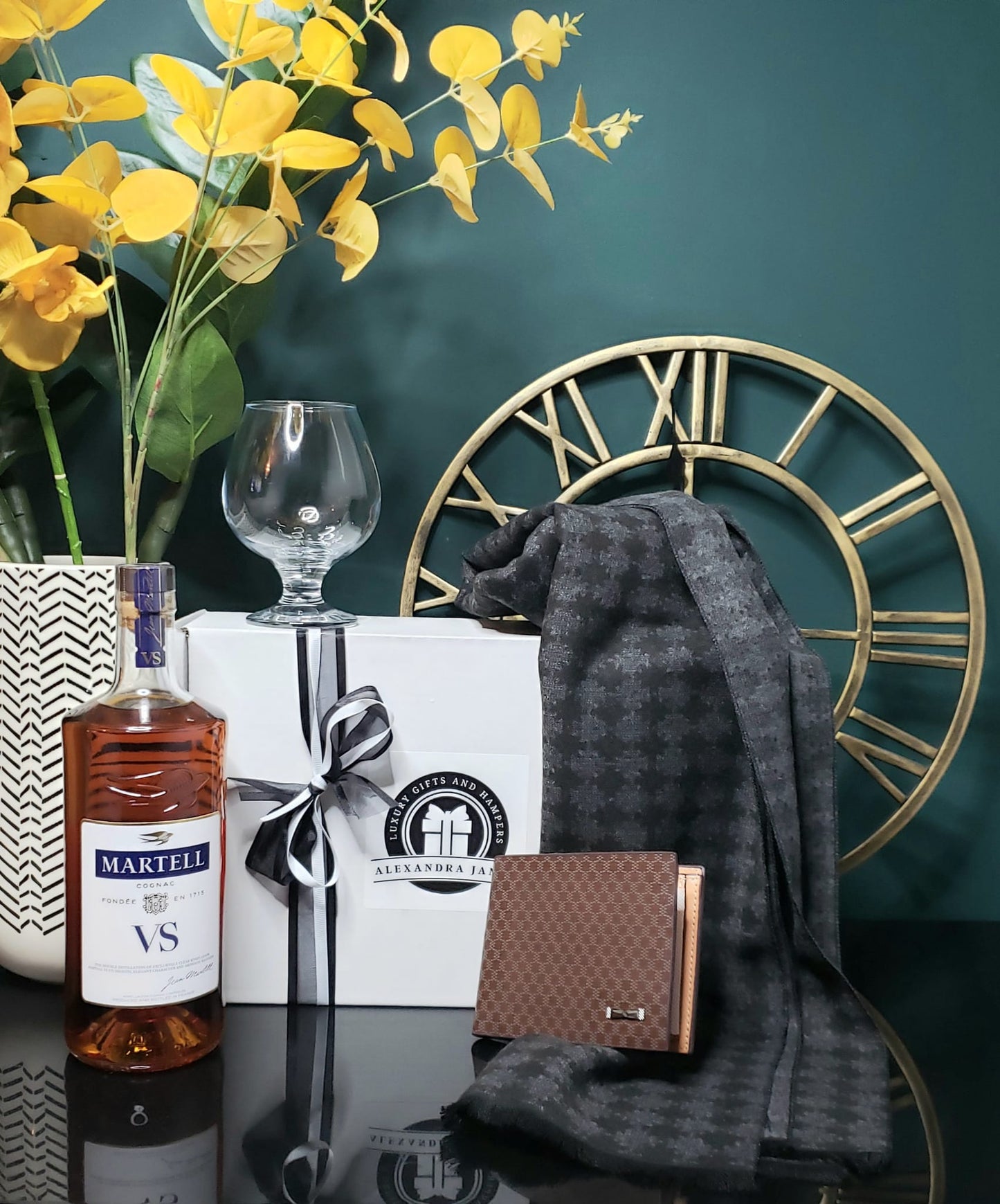 Premium Cognac, Cashmere Scarf and Genuine Leather Wallet Gift Set